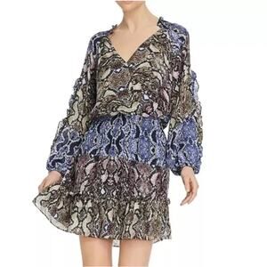 Parker Blue Gladis Python Tiered Dress Blue Black Animal Print Large Reptile